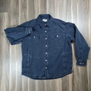 Duluth Trading Co Mens Navy Blue Canvas Flannel Lined Snap Front Shirt Jacket